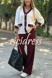 Stylish Color-blocked V-neck Knitted Button-down Cardigan and Elastic Waist Casual Wide-leg Pants Set