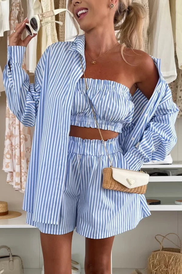 Zoie Striped Stretch Bandeau + Elastic Waist Pocket Shorts + Oversized Blouse 3 Pieces Set