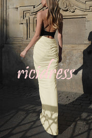 Fashionable Contrast Color Open Back Side Pleated Draped Maxi Dress