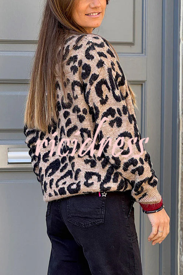 Leopard Print Crew Neck Long-sleeved Loose Knit Cardigan