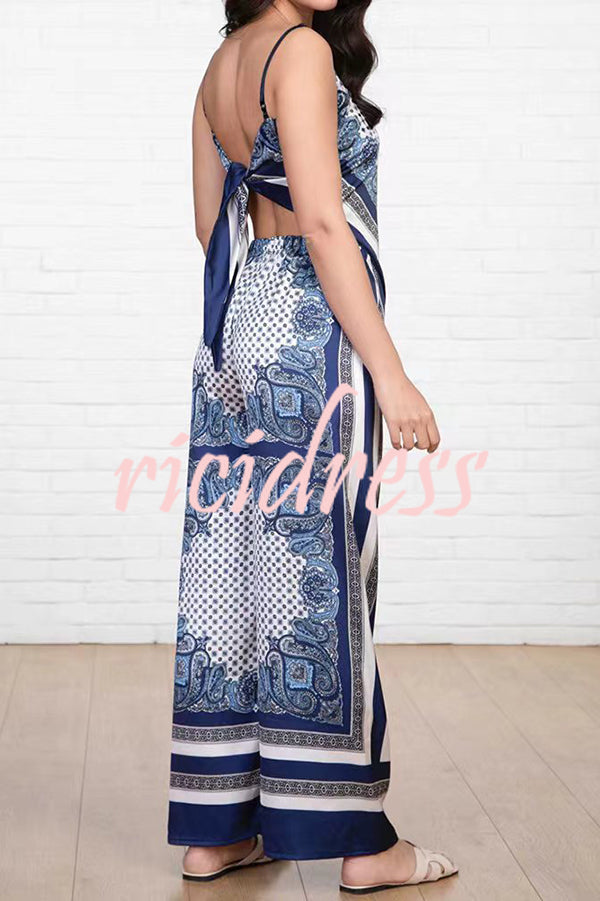 Unique Printed Sling Backless Strappy Top and Elastic Waisted Loose Pants Set