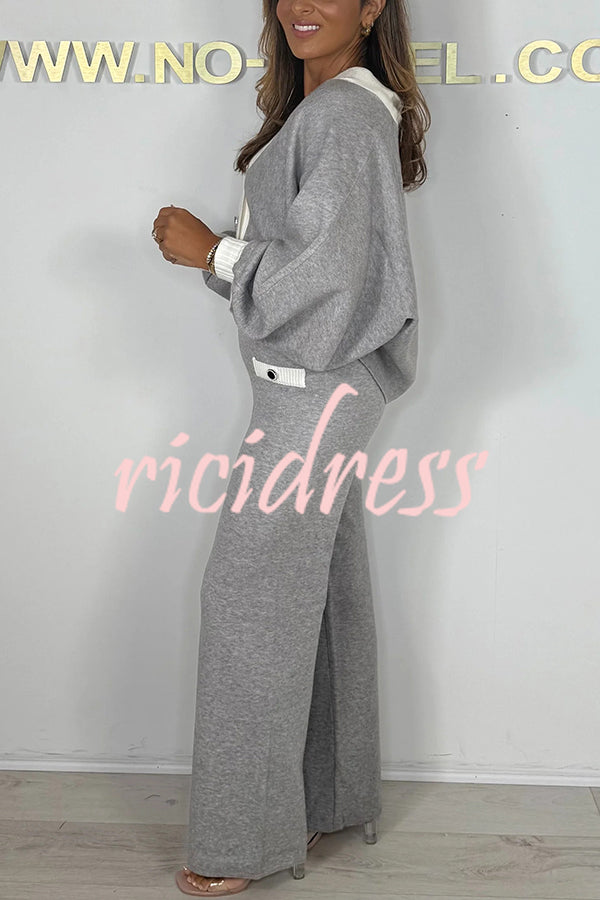 Fashion Contrast Color V-neck Loose Cardigan and Elastic Waist Casual Pants Set