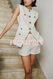 Impeccable Textured Fabric Button Up Princess Seams Vest Top