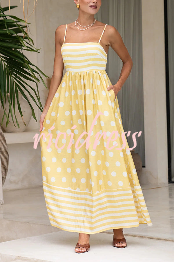 Striped Polka-dot Print Sling Pleated Open-back Maxi Dress