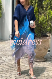 Fashionable Color-blocked Multi-layered Tassel Loose Midi Dress