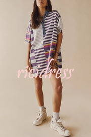 Contrast Striped Patchwork Denim Lapel Loose Casual Mini Dress