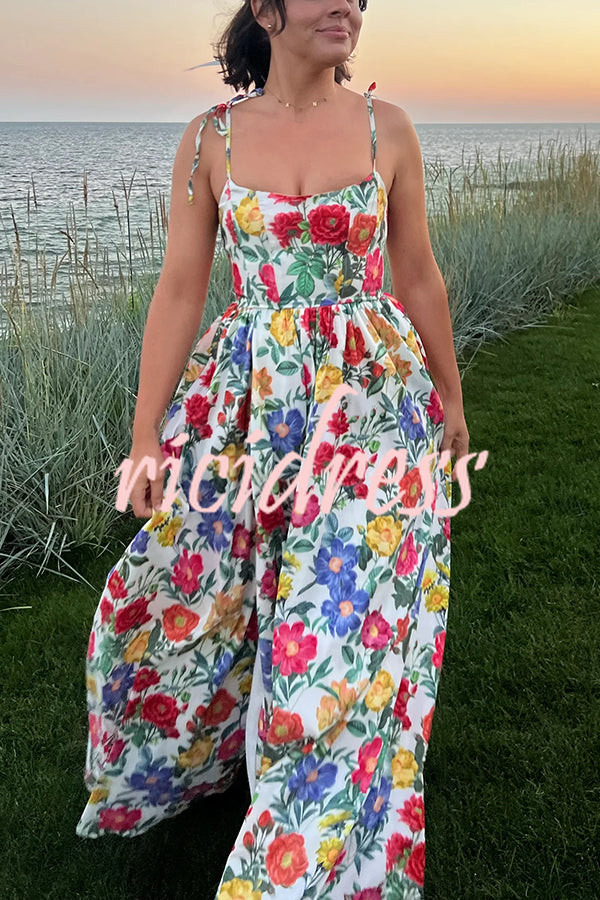 Garden Wedding Floral Print Back Tie-up Pocketed Slit Maxi Dress