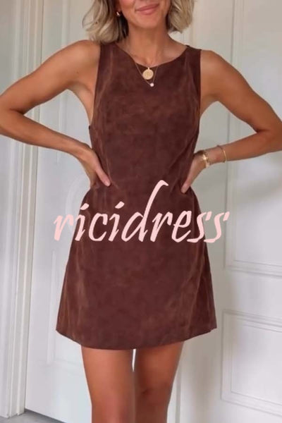 Atlas Faux Suede Open Back Button Accents Zipper Mini Dress