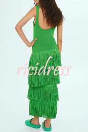 Solid Color Sleeveless Slim Fit Fringed Hem Knitted Midi Dress