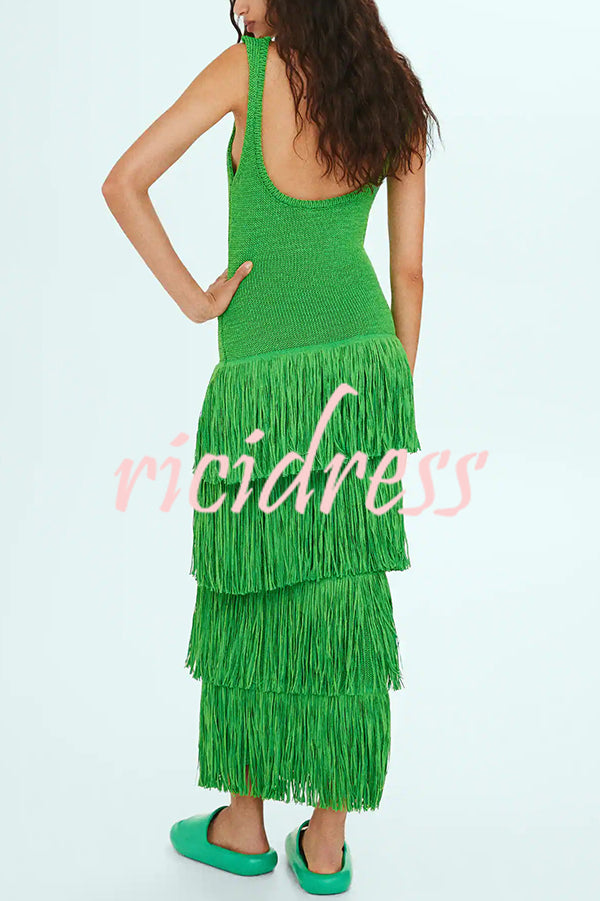 Solid Color Sleeveless Slim Fit Fringed Hem Knitted Midi Dress