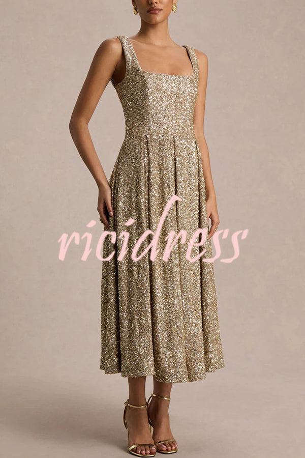 Effortless Sparkle Sequin Square Neck Wide Strap A-Line Midi Dress