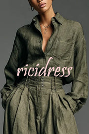 Linen Blend Lapel Long-sleeved Casual Shirt and High-waist Pocket Loose Wide-leg Pants Set