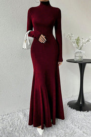 Solid Color High-neck Long-sleeved Slim-fit Fishtail Elegant Maxi Dress
