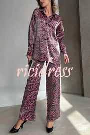 Leopard Print Long-sleeved Casual Top and Loose Elastic Waist Tie Pants Set