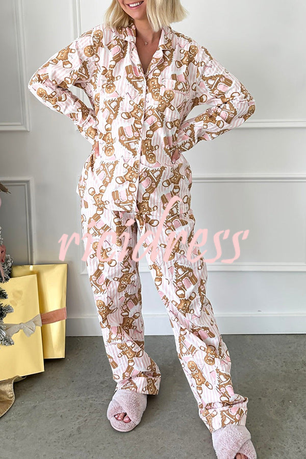 Christmas Print Casual Long Sleeve Pocket Top and Elastic Waist Loose Pants Set