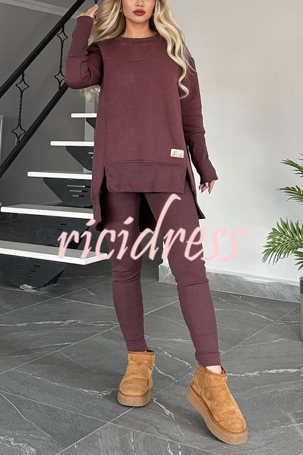 Solid Color Crew Neck Long Sleeve Top and Casual Stretch Pants Set