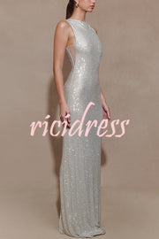 Holiday Nights Sequin Boat Neck Sleeveless Slit Maxi Dress
