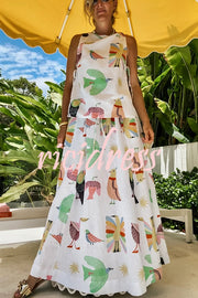 Island Paradise Linen Blend Unique Print Tie-up Slit Tank and Elastic Waist Pocketed Maxi Skirt Set