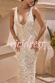 Three-dimensional Flower Sexy V-neck Slim Maxi Dress