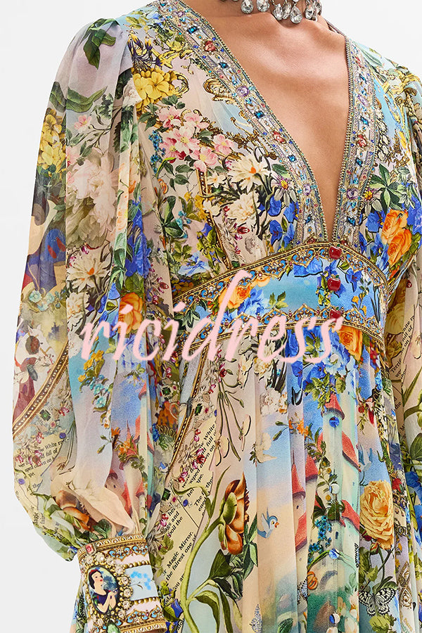Fairy Tale Print V-Neck Lantern Sleeve Waist Maxi Dress