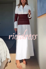 Fashionable Pleated Contrast Patchwork Waist Long Sleeve Button Shirt Maxi Dress