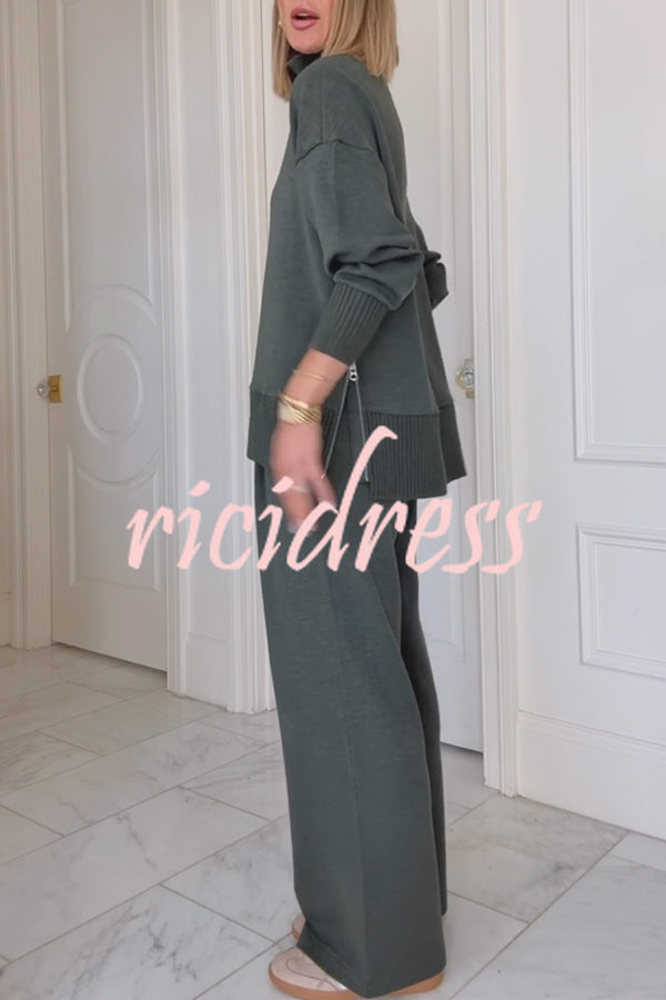 Barker High-Neck Long Sleeve Side Zipper Sweatshirt and Elastic Waist Pocketed Loose Pants Set