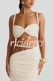 Sexy Halter Back Braided Suspender Top and Beach Holiday Style Hip-wrapped Maxi Skirt Set