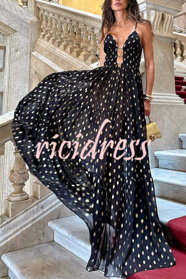 Charming View Chiffon Gold Polka Dot Print Cutout Lightweight Maxi Dress