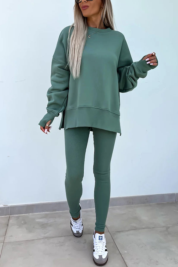 Solid Color Loose Long Sleeve SlitSweatshirt and Elastic Waist Tight Pants Set