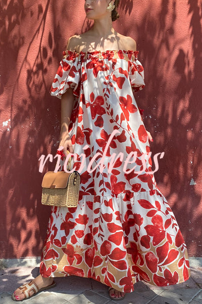 Floral Print Off-The-Shoulder Puff Sleeve Loose Holiday Maxi Dress