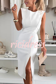 Solid Color Round Neck Sleeveless Slim Fit Slit Midi Dress