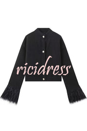 Solid Color Elegant Feather Long Sleeve Casual Knitted Cardigan