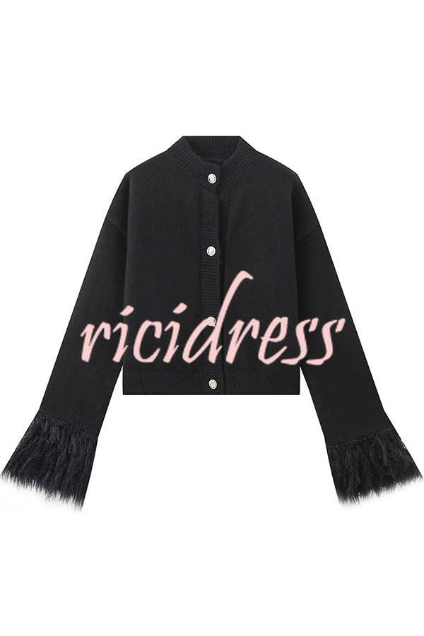 Solid Color Elegant Feather Long Sleeve Casual Knitted Cardigan