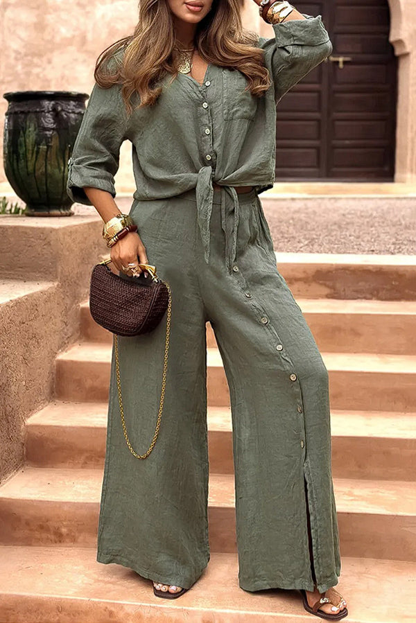 Solid Color Lapel Casual Button-down Shirt and Loose Pocket Slit Wide-leg Pants Set