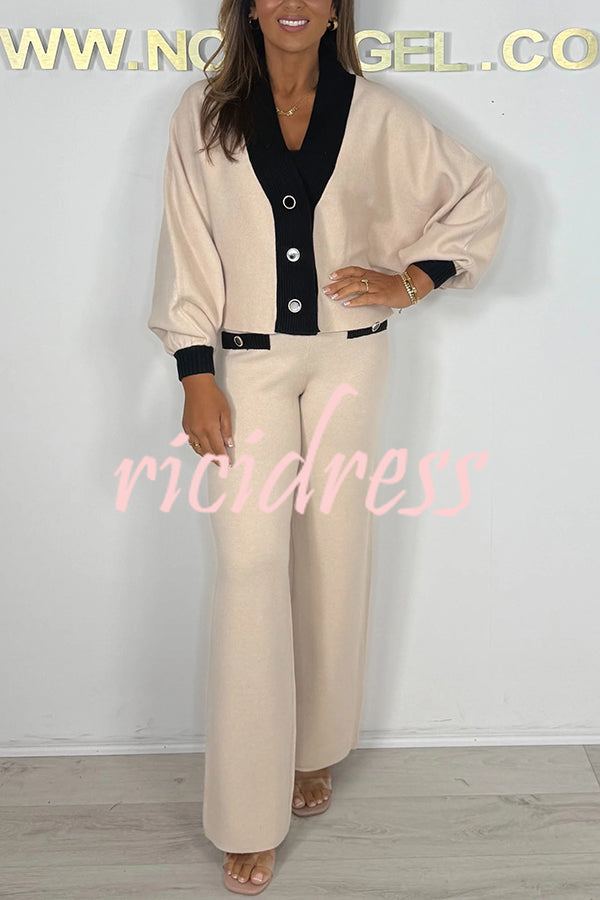 Fashion Contrast Color V-neck Loose Cardigan and Elastic Waist Casual Pants Set
