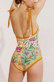 Khloe Vintage Style Floral Color Block Printed Reversible Tie Shoulder Stretch One-piece Swimsuit