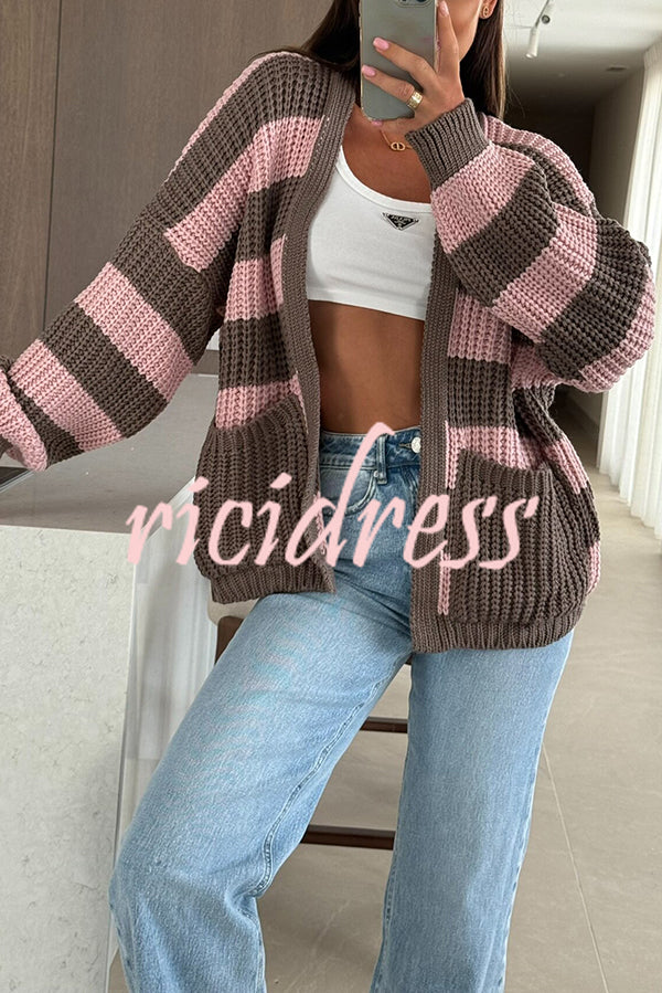 Fashionable Patchwork Striped Casual Pocket Knitted Sweater