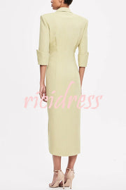 Elegant Look Linen Blend Stand Lapel Neck Half Sleeve Side Button Midi Dress