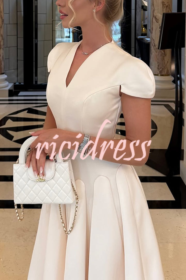 Solid Color V-neck Waist Elegant Full Hem Maxi Dress