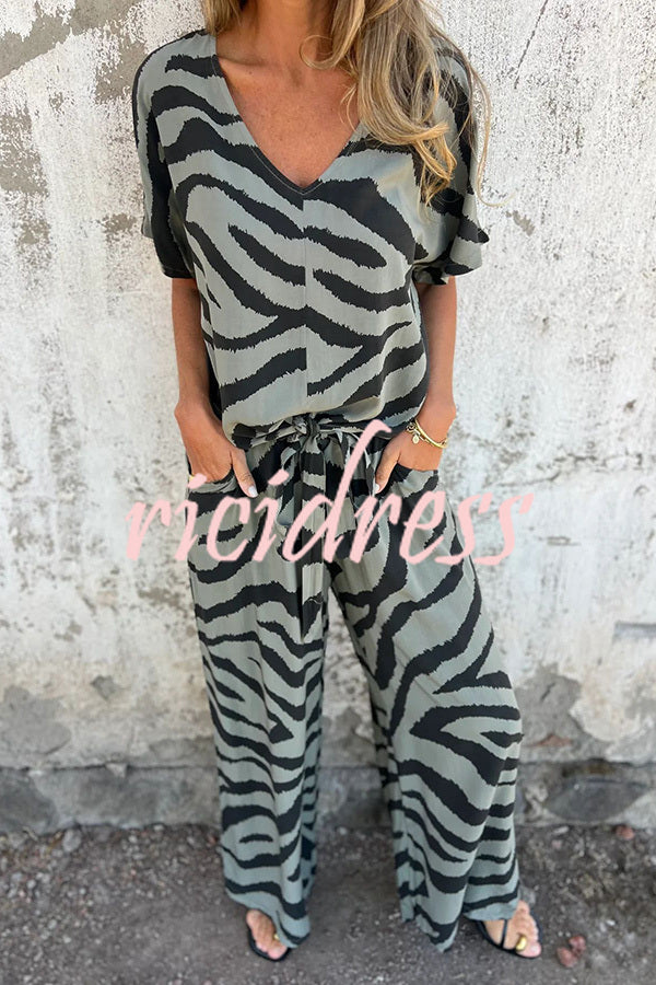 Zebra Print V-neck Short-sleeved Lace-up Top and Elastic Waist Pocket Straight-leg Pants Set