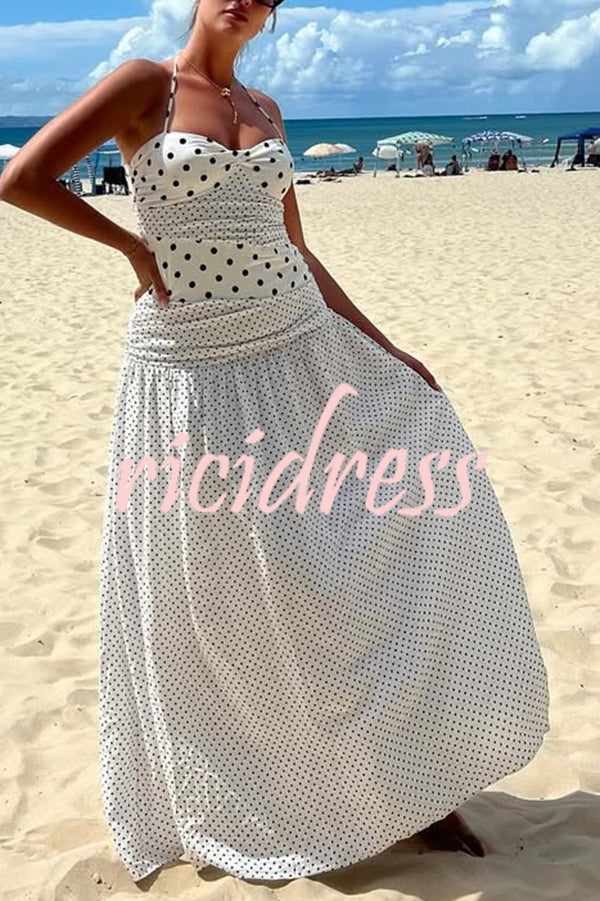 Polka Dot Print Halterneck Tie-stitched Slim Maxi Dress