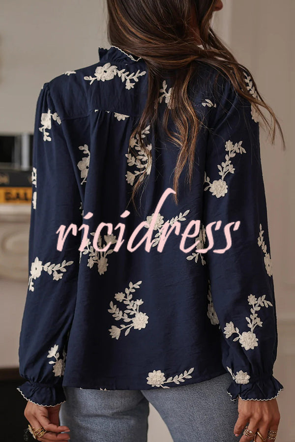 Floral Embroidery Long-Sleeved Button-Up Elegant Shirt