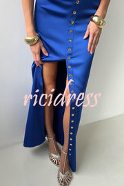 Solid Color Casual Sleeveless Crop Top and Elegant Button-down Maxi Skirt Set