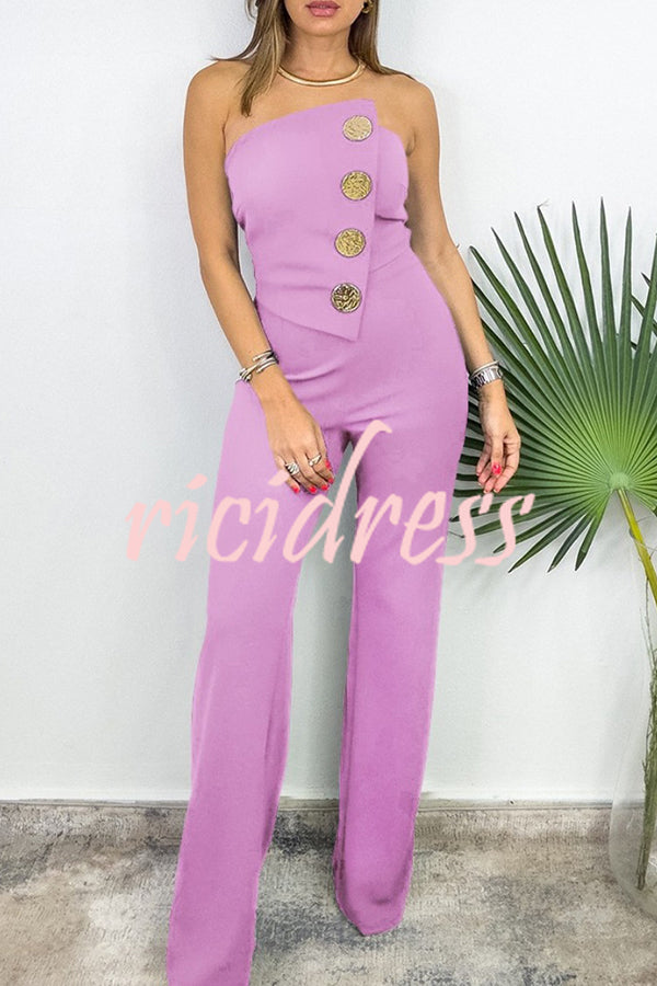 Solid Color Sexy Tube Top Gold Button Embellished Bootcut Jumpsuit