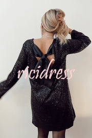 Lost in Your Eyes Sequin Back Tie Up Bow Loose Mini Dress