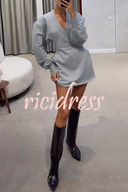 Weekend Stroll Ribbed V-neck Long Sleeve Waisted Sporty Mini Dress