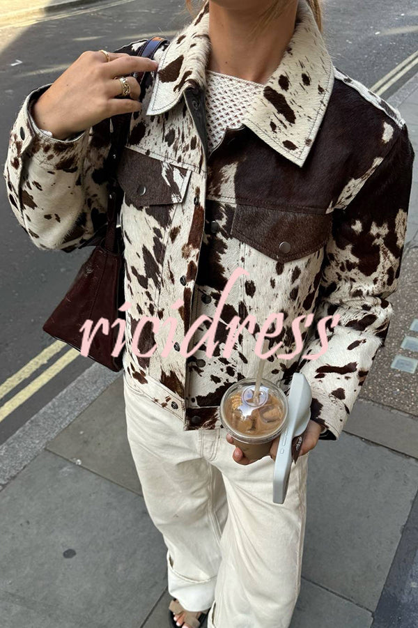 Fashionable Irregular Cow Pattern Lapel Short Jacket