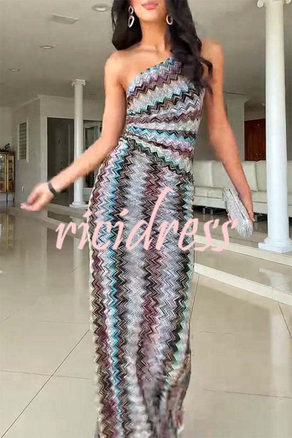 Cocktails and Vacation Knit Colorful Zigzag Pattern One Shoulder Slit Maxi Dress