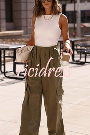 Great Week Pleated Elastic Waist Zipper Pocket Wide Leg Cargo Pants