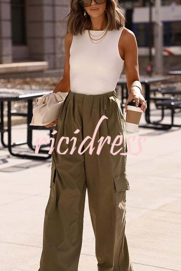 Great Week Pleated Elastic Waist Zipper Pocket Wide Leg Cargo Pants